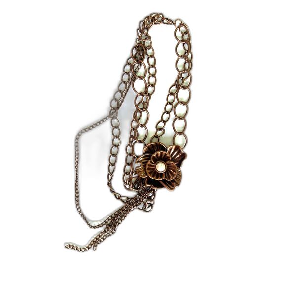 Copper Tone Asymmetric Flower and Chain Necklace - Picture 2 of 8